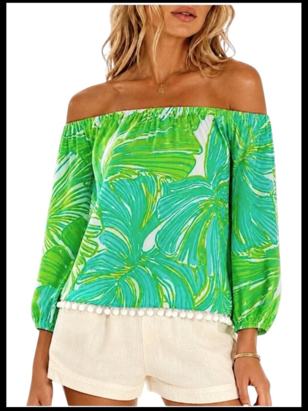 Lilly Pulitzer Enna Top Green Tropical Print Off Shoulder XS